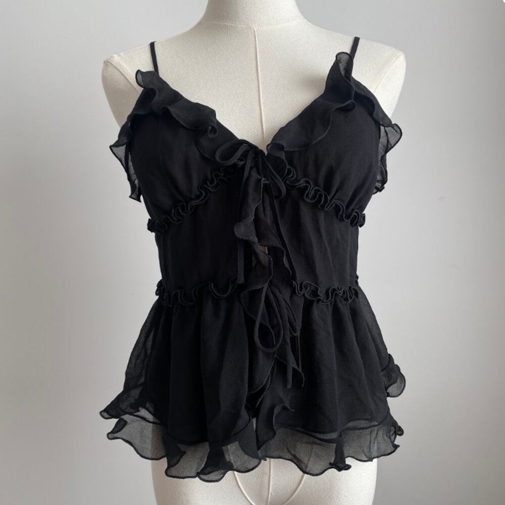ARITZIA Wilfred Amore Camisole Ruffled Chiffon Tie-Front Cami Black Size S - Picture 2 of 10